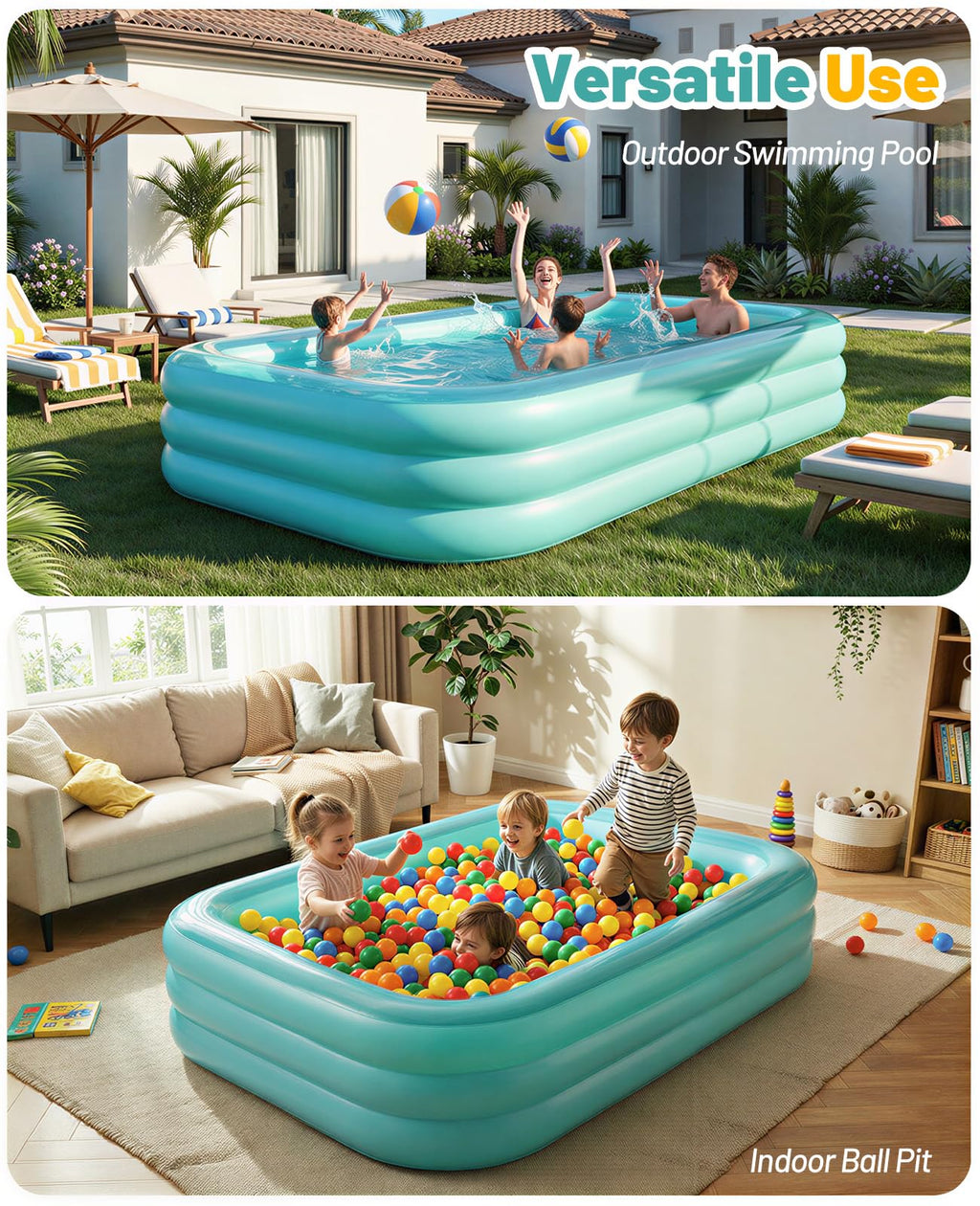HeySplash Inflatable Pool with Canopy, Swimming Pool for Adults, Large Blow Up Pool Ideal for Family Backyard Garden Party, Outdoor Summer Fun, 102" x 65" x 22"(Green)