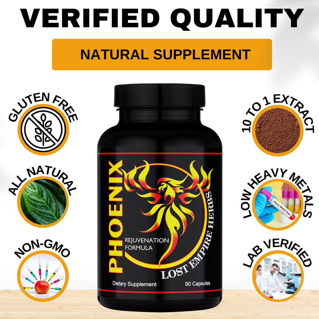 Lost Empire Herbs Phoenix Rejuvenation Formula Energy Blend of 4 Natural Health Herbs Pine Pollen, He Shou Wu, Ant, and Shilajit (90ct Capsules)