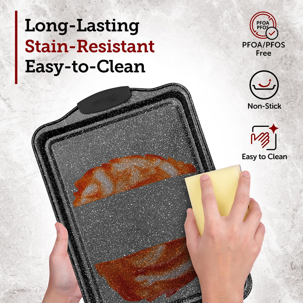 BAKKEN Cookie Sheets for Baking Nonstick Set - 3-Piece Stackable Carbon Steel Baking Sheet Pans Set with Silicone Handles, Non Toxic Cookie Sheets for Baking Bakeware Set - Gray Marble