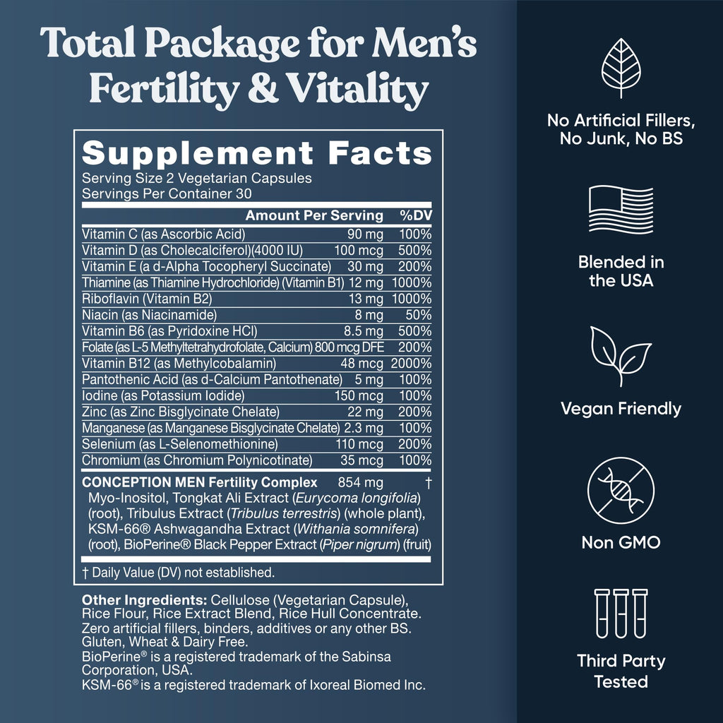 Eu Natural Conception for Him - Male Fertility Supplements with Ashwagandha, Folate & Zinc - Sperm Count, Motility & Strength Support - Fertility Support for Men, 120 Vegetarian Capsules