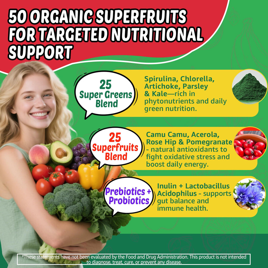 Super Greens Gummies, Daily Green Superfood Supplement w/Spirulina, Chlorella, Mushrooms, Probiotics, Multivitamins, 50+ Super Greens & Veggies Gummies to Boost Immunity, Energy & Gut Health, 120cts