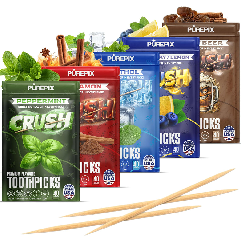 PurePix Flavored Toothpicks Variety Pack, Thick Durable Quit Smoking Support, Infused with Long-Lasting Flavor to Help Fight Cravings, 40 Count per Pouch, Vegan & Gluten-Free, Made in USA, (Pack of 5)