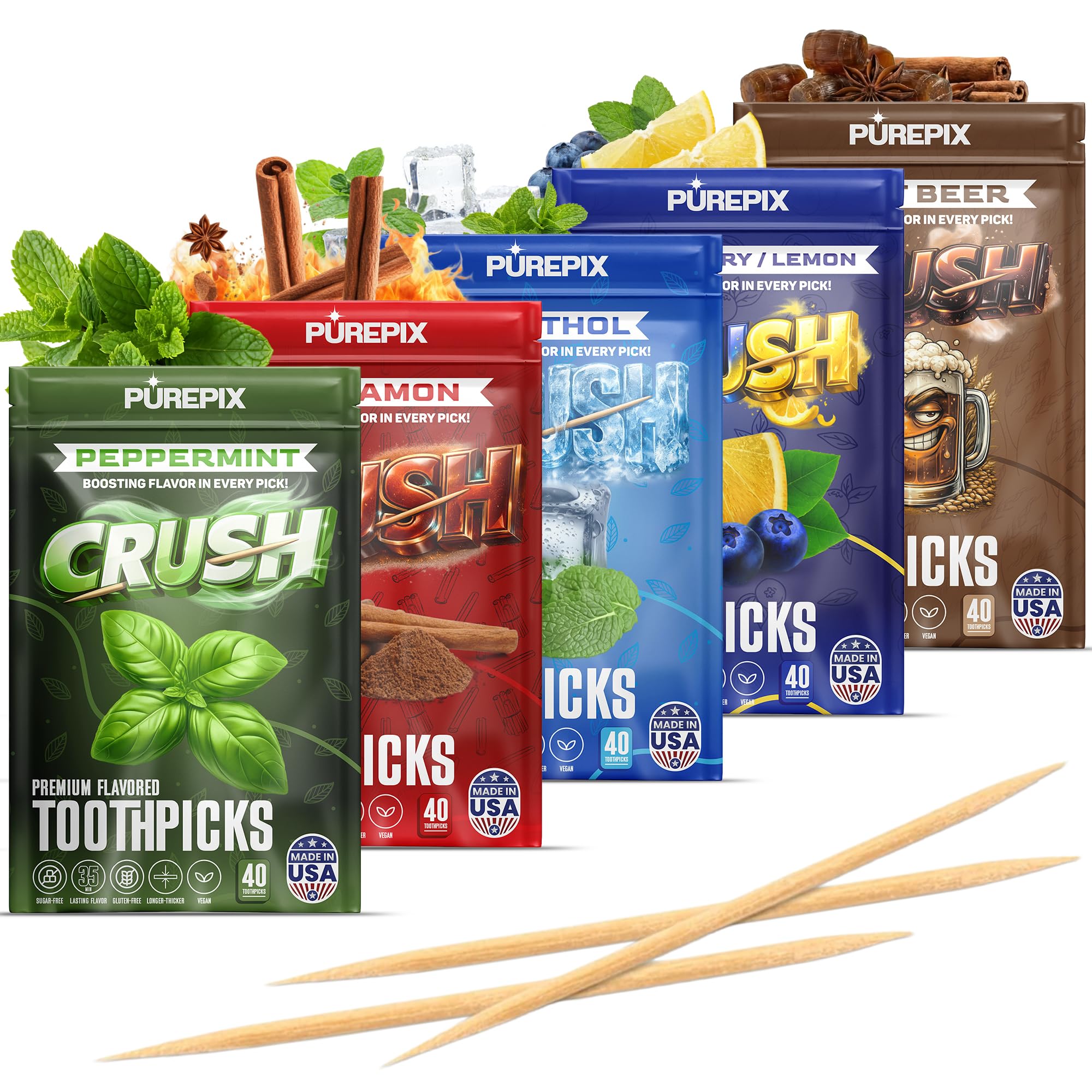 PurePix Flavored Toothpicks Variety Pack, Thick Durable Quit Smoking Support, Infused with Long-Lasting Flavor to Help Fight Cravings, 40 Count per Pouch, Vegan & Gluten-Free, Made in USA, (Pack of 5)