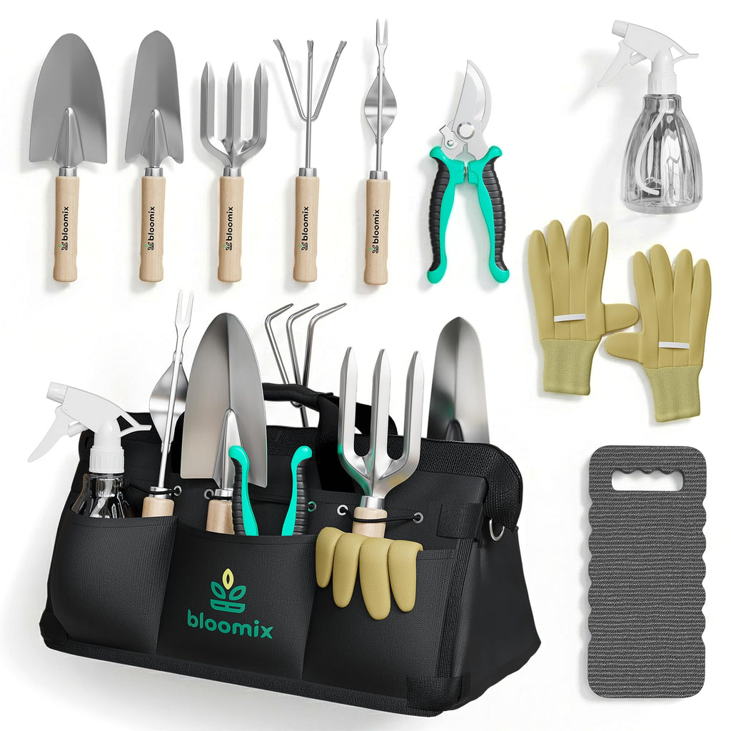 Bloomix 12Pcs Gardening Tools Set - Heavy Duty Garden Tools Set with Tool Bag, Kneeling Pad, Apron & More Garden Accessories - Stainless Steel Plant Care Kit Supplies, Gardening Gifts for Women Men