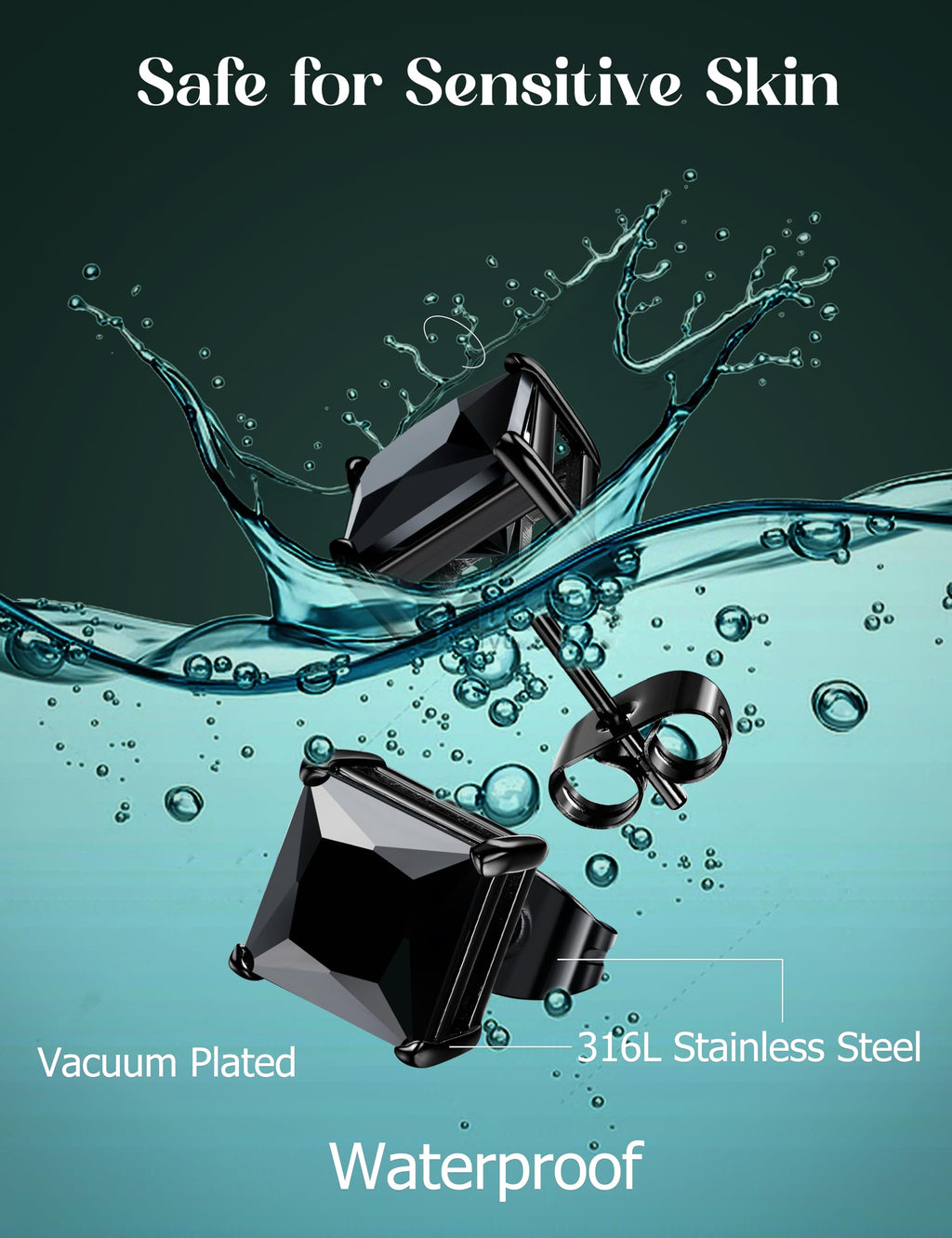 ORAZIO Black Square CZ Stud Earrings for Men Women Stainless Steel Princess Cut Cubic Zirconia Earring Studs 3MM-8MM