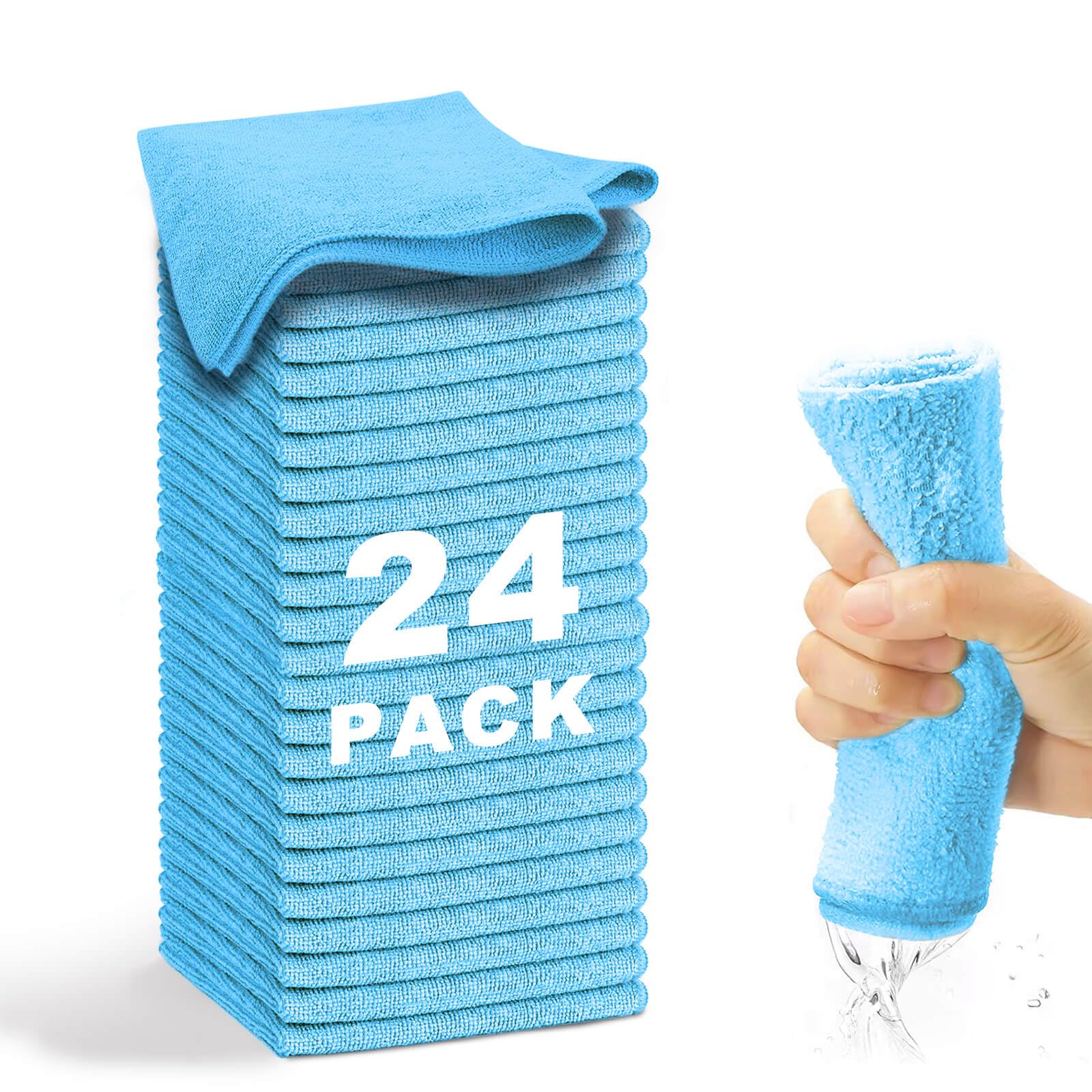WEAWE Microfiber Cleaning Cloth-24Pcs (13x13 inch) Ultra Soft Highly Absorbent Rags for Housekeeping-Machine Wash (Blue)