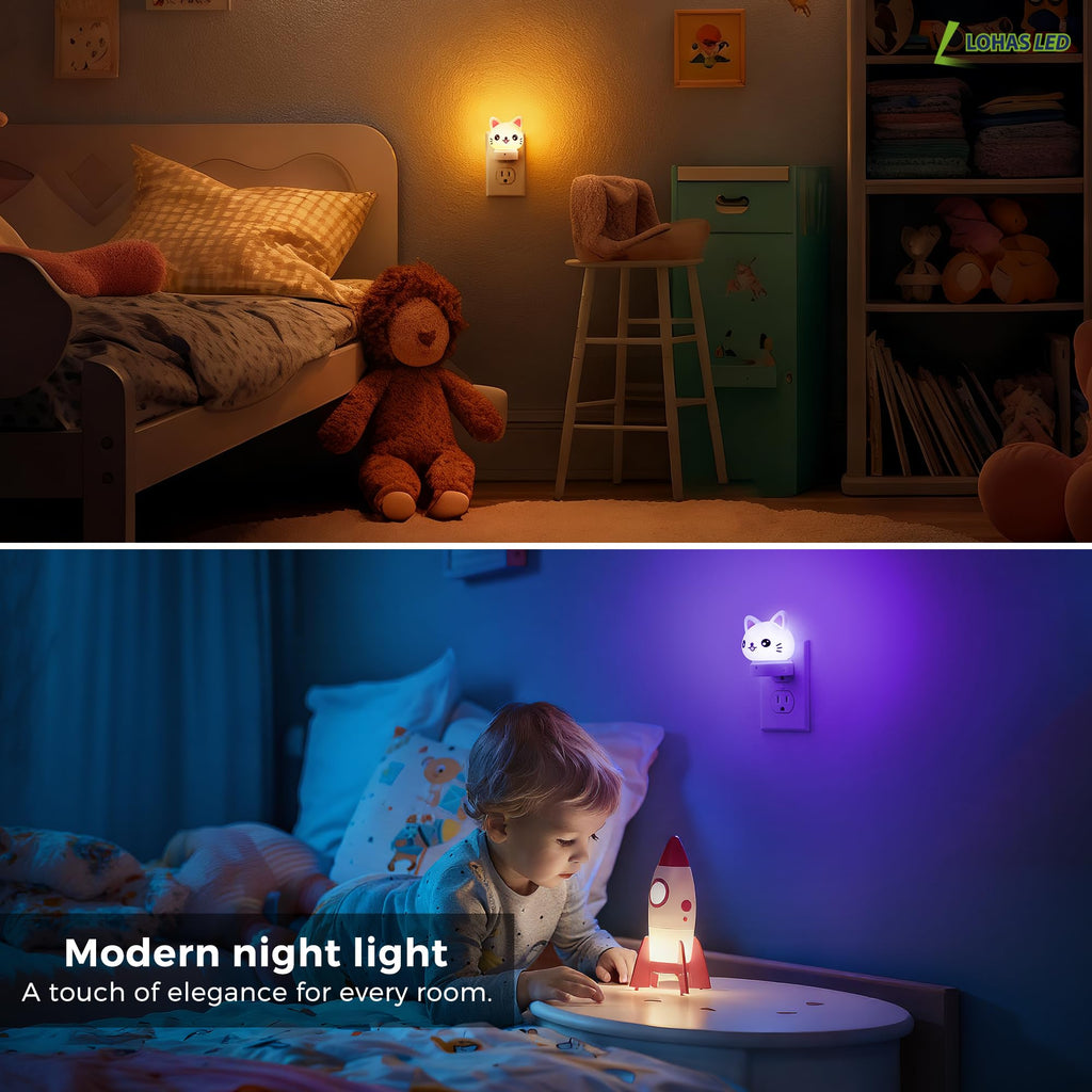 L LOHAS LED Plug in Night Light for Kids, 3D Cute Cat Night Lights with Dusk to Dawn Sensor, RGB+Soft White 3000K Cat Night Light, Christmas Birthday Gift Nightlight for Kids, Room Decor