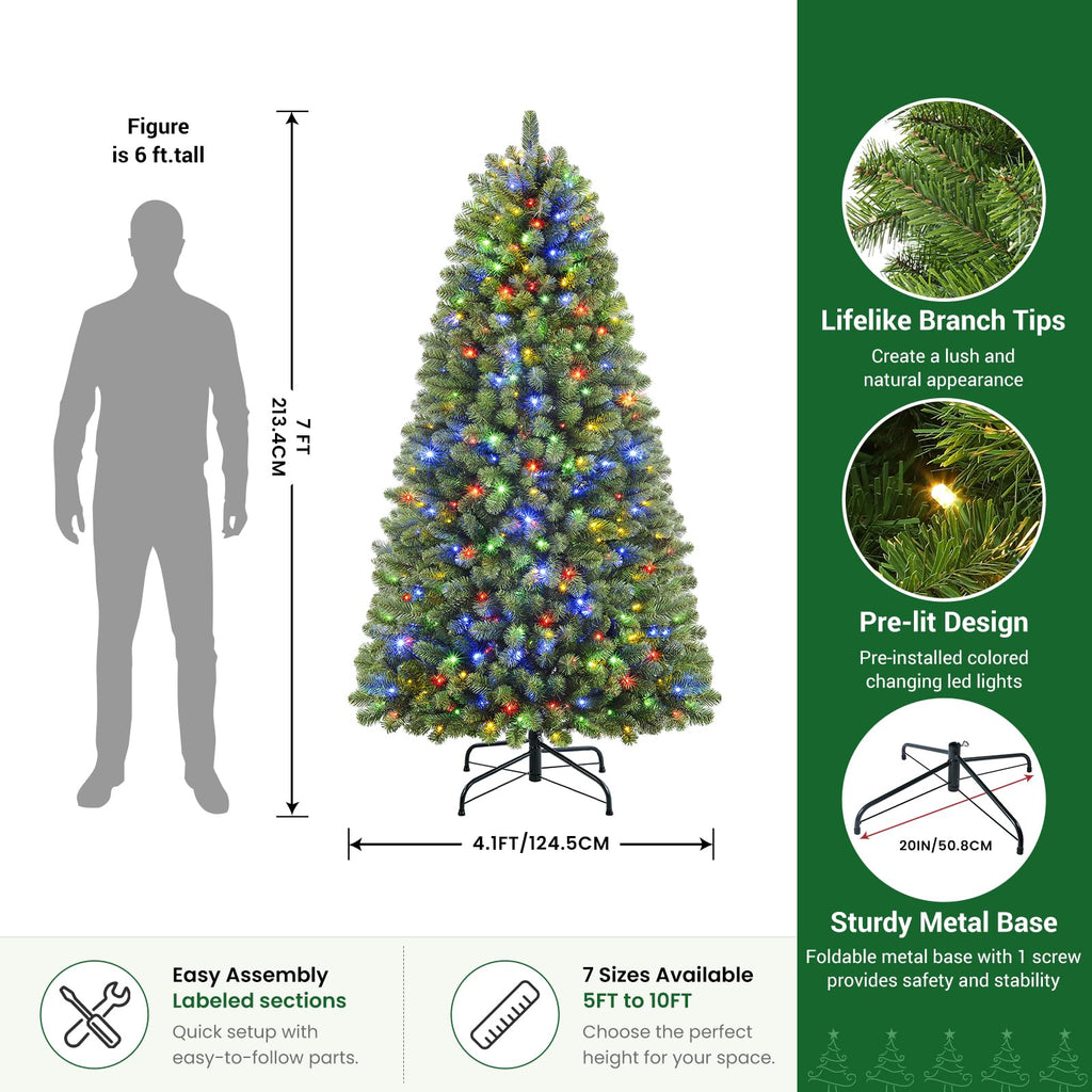 7FT Artificial Prelit Classic Christmas Tree with Remote Control,Timer