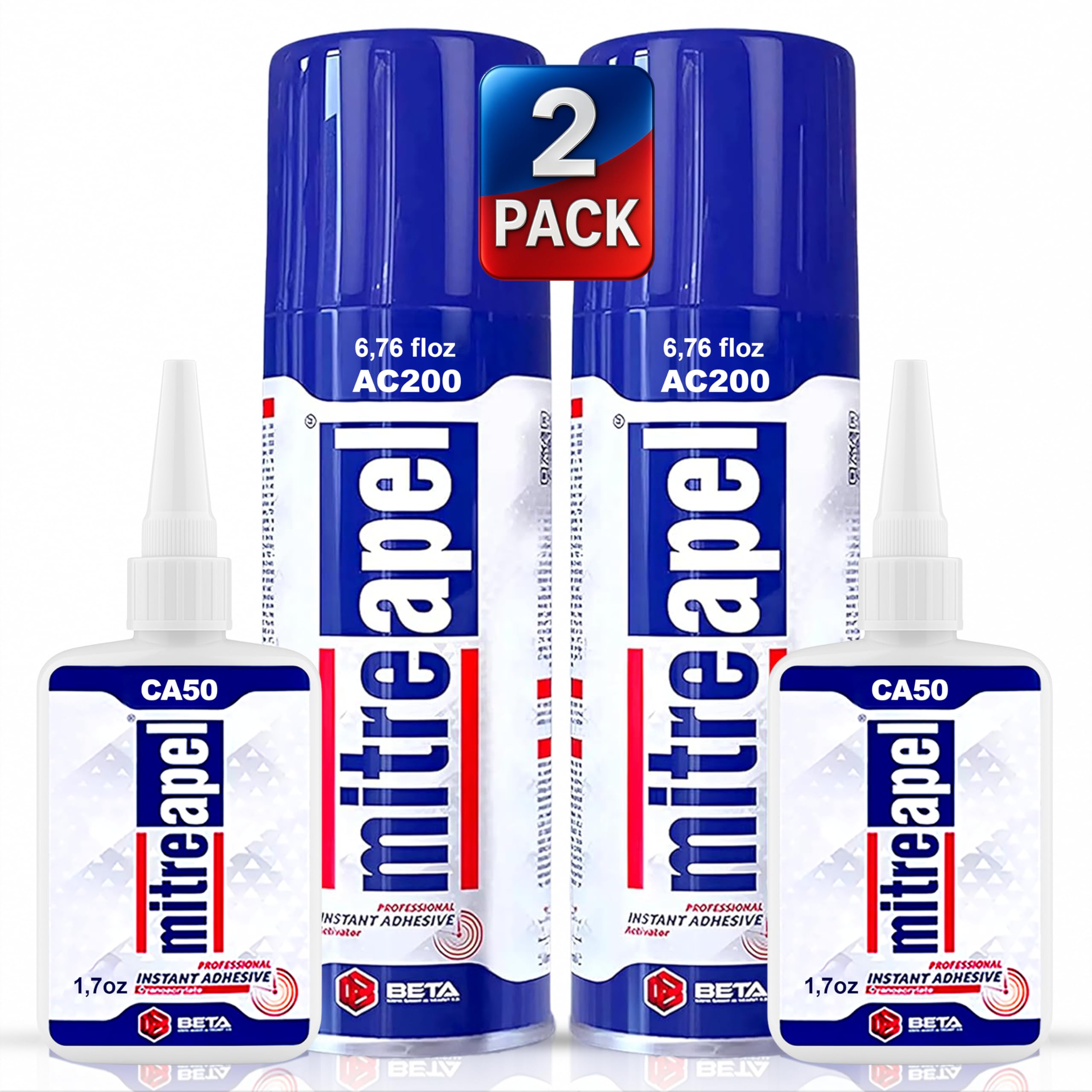 MITREAPEL CA Glue with Activator (2 x1.7oz-2 x 6.7floz)Instant Bond Professional Cyanoacrylate Adhesive and Super Glue Accelerator for Woodworking ,Ceramic,3D Printing,Glass, DIY&Craft, Plastic,Repair
