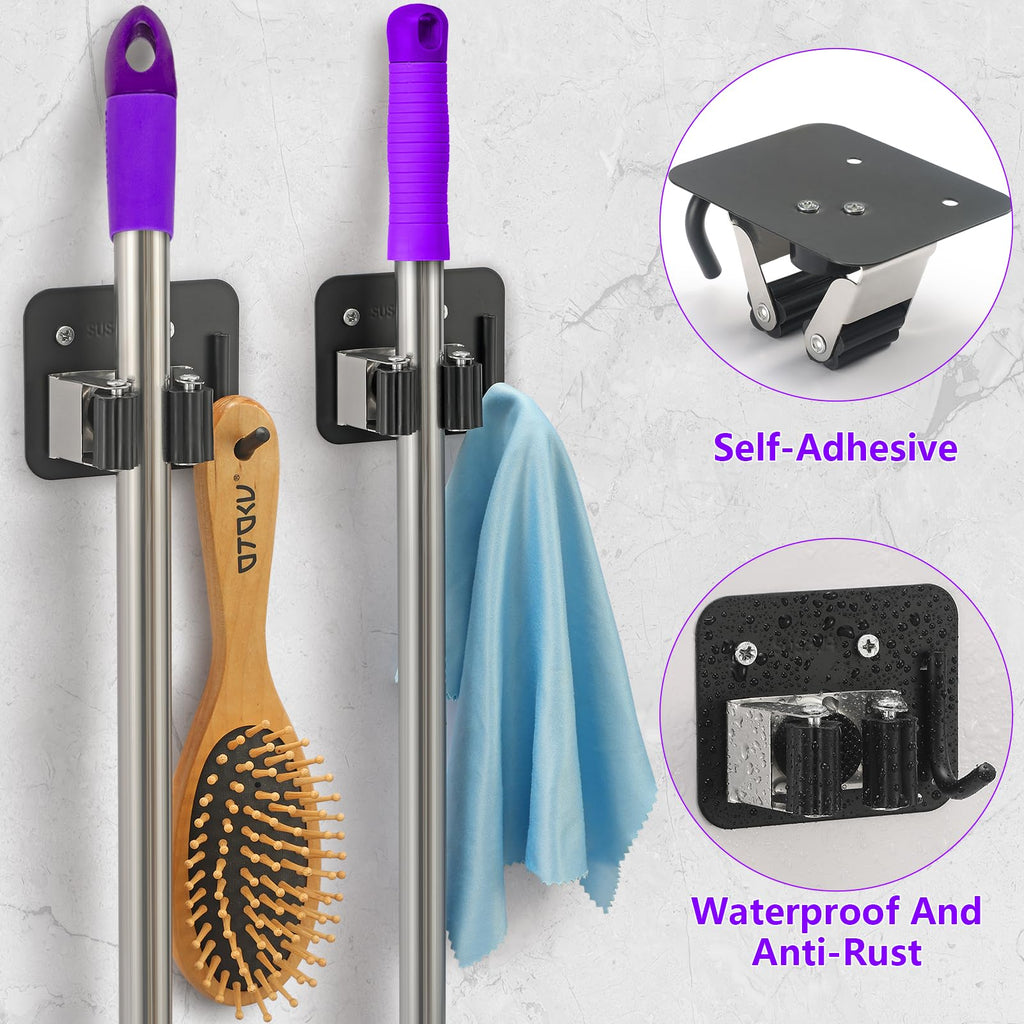 KLEBV Broom Holder Wall Mount Screw Drilling, Sturdy Heavy Duty Stainless Steel Mop Gripper Rack Perforated, Perfect for Laundry Room Organizer, Fit with Laundry Kitchen Garage Garden Storage System