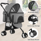 BestPet 3-Wheels Pet Stroller - Dog & Cat Premium 3-in-1 Multifunction Detachable Carrier Lightweight Folding Travel Stroller, Grey