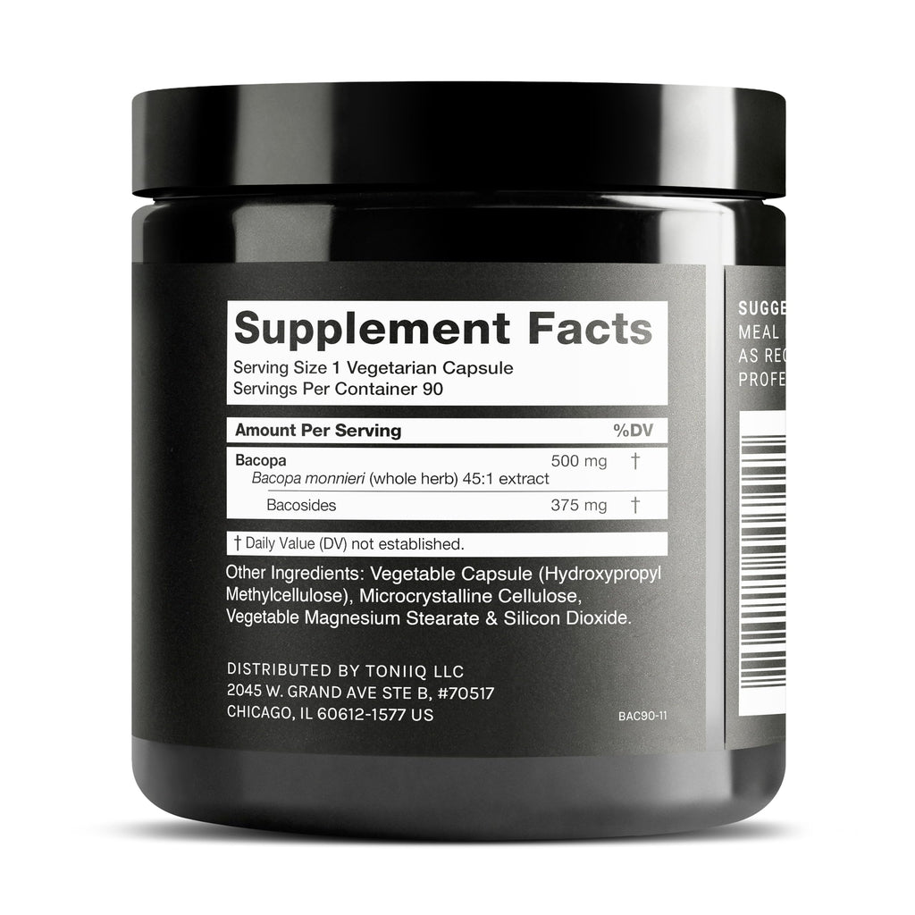Toniiq Bacopa - Ultra High Potency 45:1 Extract with 75% Bacosides - Highly Concentrated - Third-Party Lab Tested - 90 Capsules