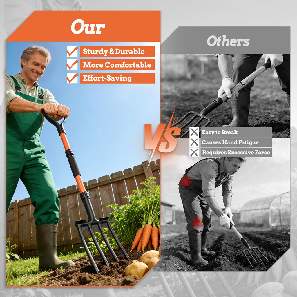Garden Fork for Digging, 4-Tine Pitch Fork with Foot Step, Ergonomic Y-Handle & Comfortable Grip, Lightweight Durable Pitchfork for Soil Loosening, Compost, Mulch, Weeding & Potato Harvest - 43 Inches