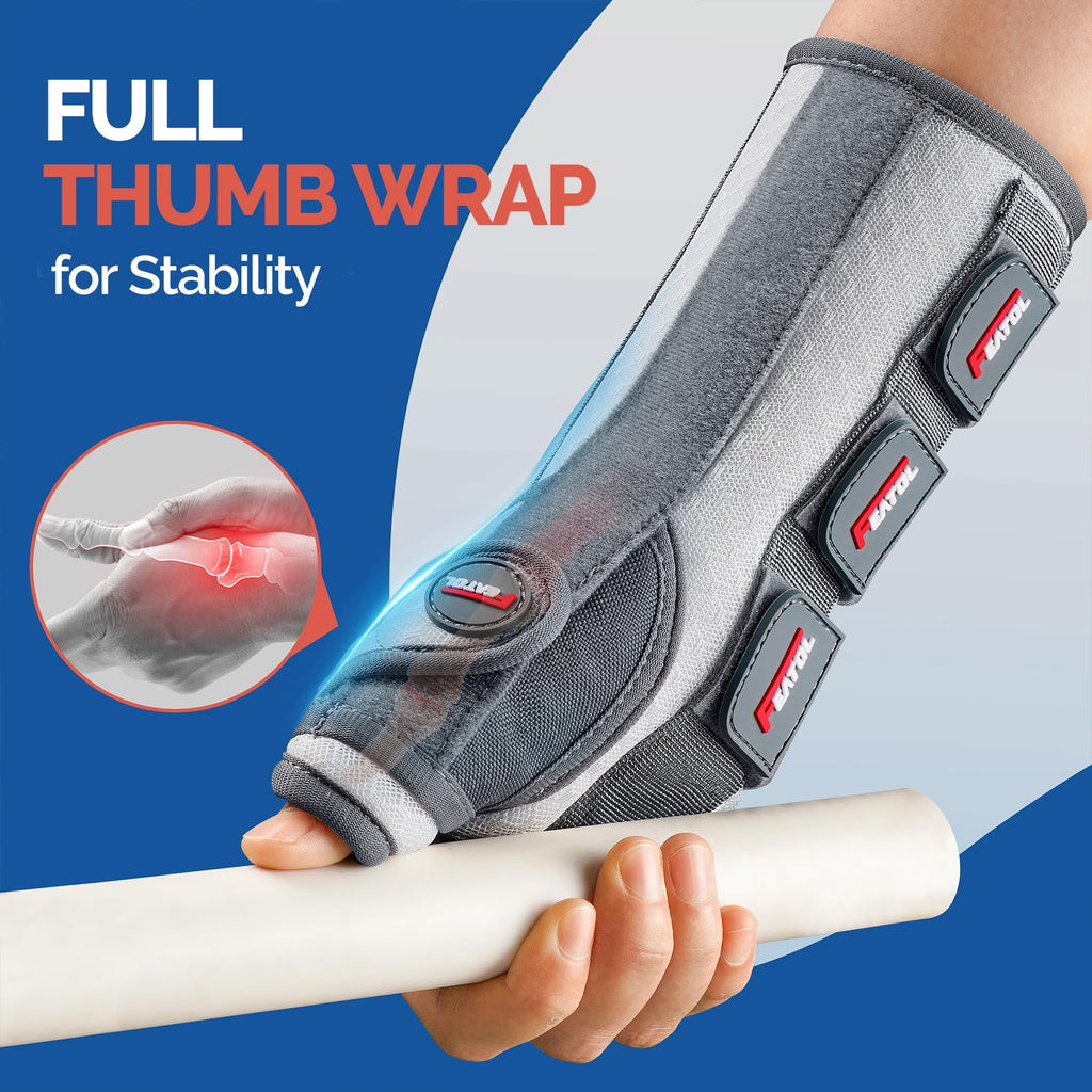 FEATOL Carpal Tunnel Wrist Brace Night Support, Thumb Spica Splint Right Hand for De Quervains Tenosynovitis, Tendonitis, Thumb Brace for Women Men, White Pink, Small/Medium