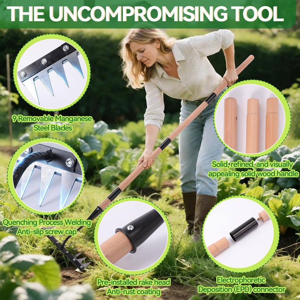 Gardenia 9-Tine Iron Weeding Rake, Heavy Duty Weed Puller for Garden Soil