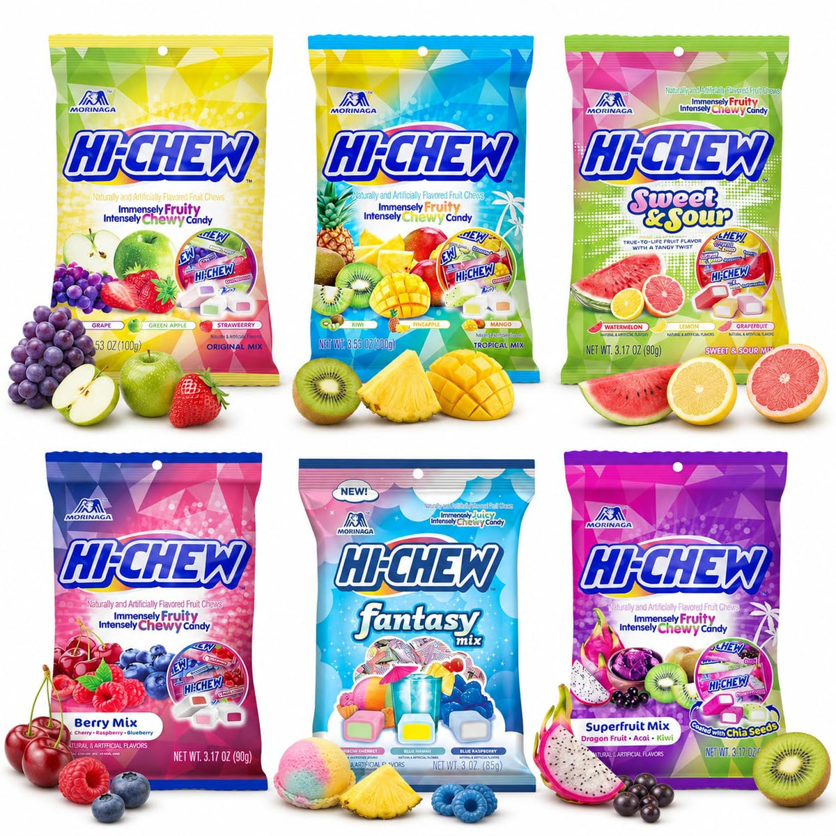 HI-CHEW Variety Mix, Pack of 6 Bags - 17 Flavor Assort Sweet and Sour Chewy Candy, Unique Fun Soft - Immensely Juicy Fruity Candy Flavors - Individually Wrapped Halloween Candy