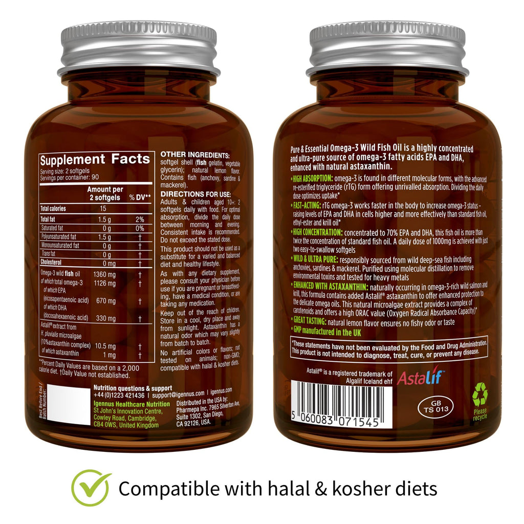 Igennus Ultra Pure Omega 3 Triglyceride rTG Wild Fish Oil 1360mg, IFOS Certified, EPA DHA 1000mg Plus Astaxanthin, Non-GMO, for Men & Women, 180 Softgels