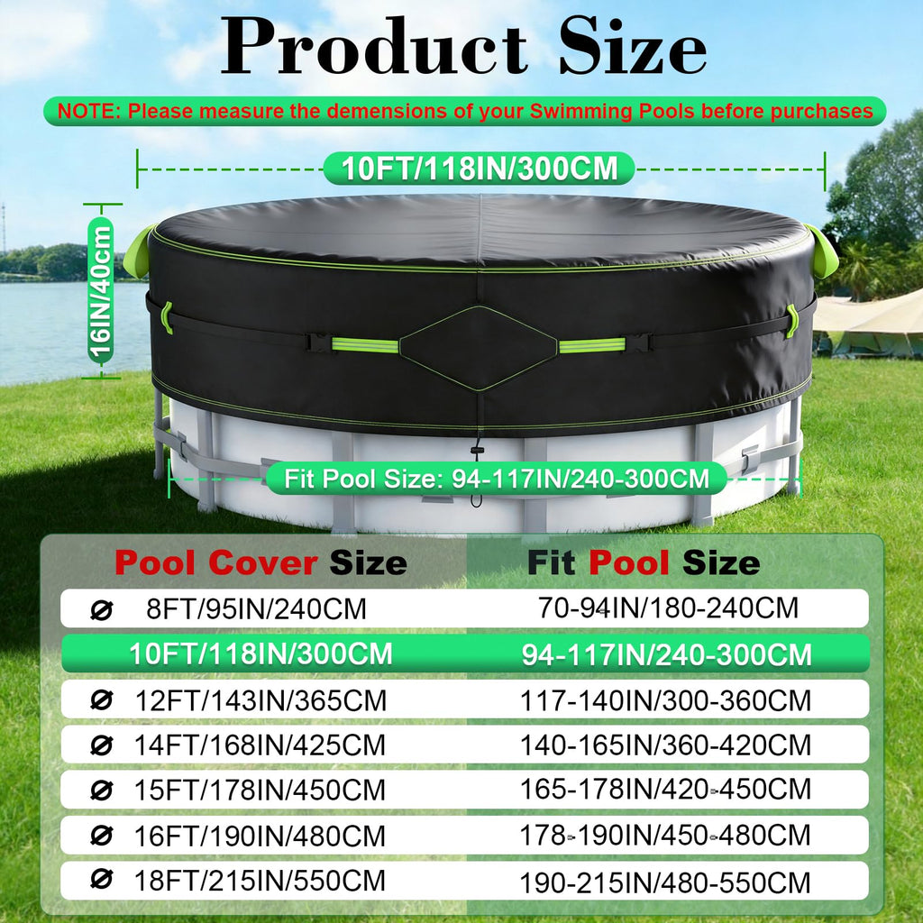 10Ft Round Pool Cover for Above Ground Pools, Safety Solar Pool Covers with Reflective Strips, Rope and Luminous Nails, Upgraded Thicker Oxford, PU Tarp Snug, UV Protected, Windproof, Tear Resistant