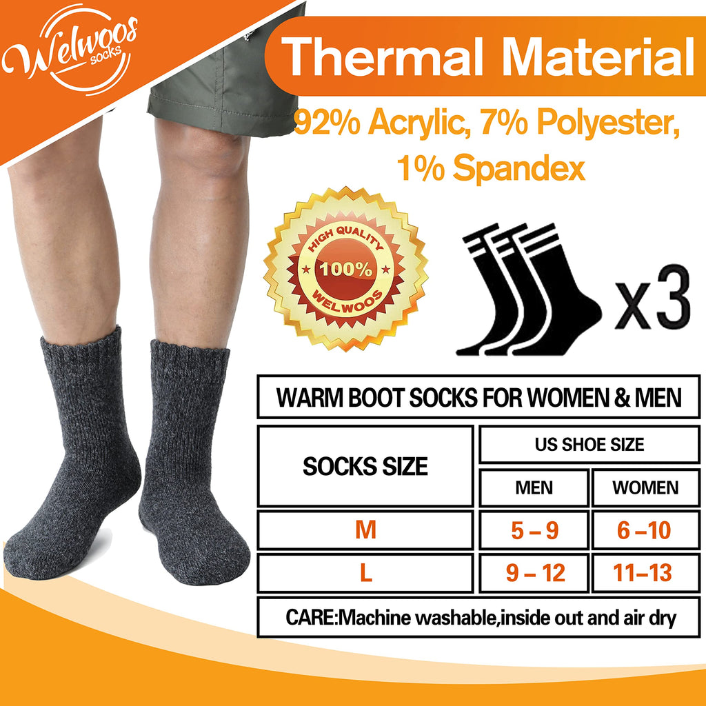 Welwoos Heated Thermal Socks for Women & Men Winter Warm Ski Thick Boot Insulated Gift Socks Stocking Stuffers for Women 3 Pairs (Dark Grey,L)