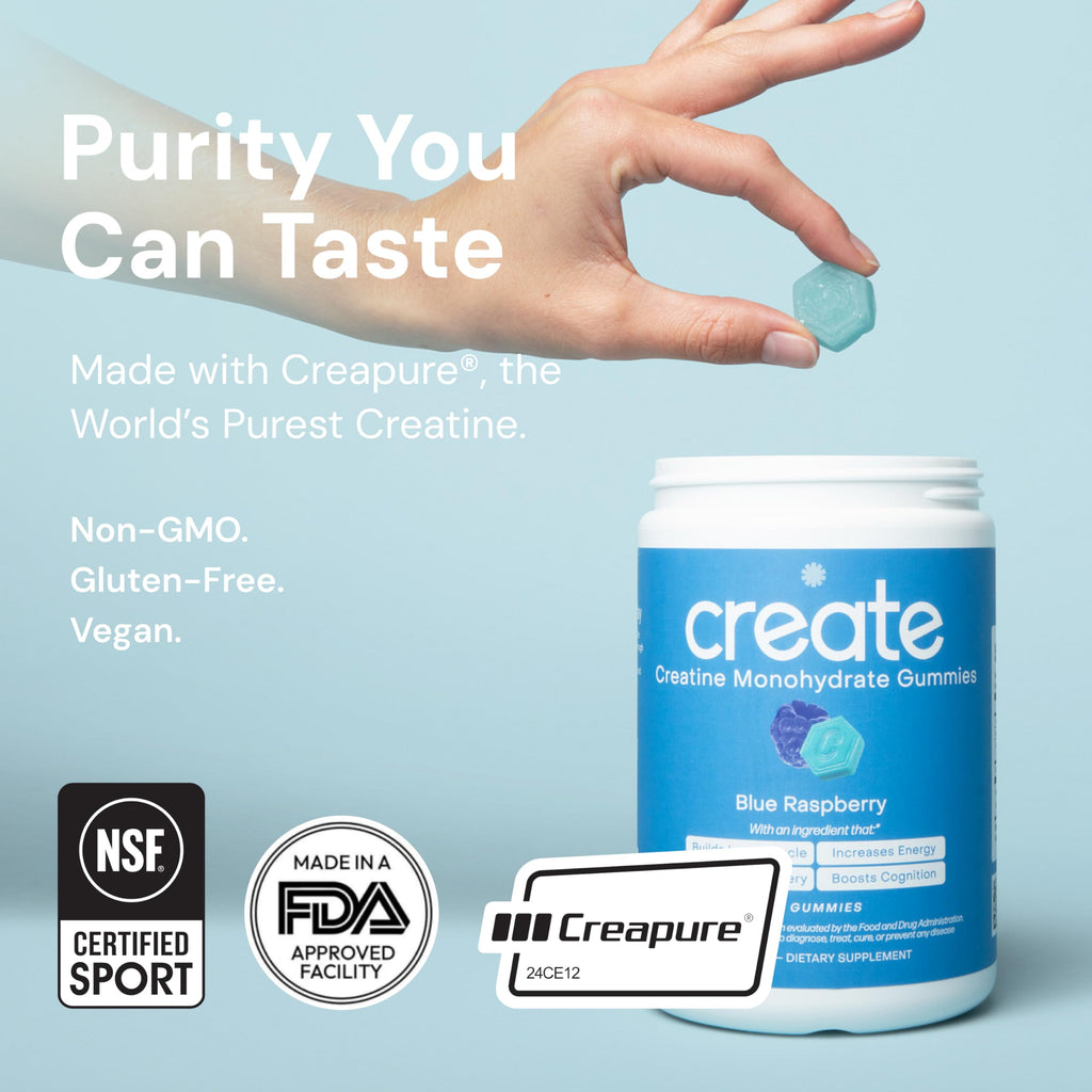 Create Creatine Monohydrate Gummies for Men & Women, Boost Focus, Strength, and Endurance, Anti-Melting Formula, Vegan, Gluten-Free, Non-GMO, 1.5g of Creatine per Gummy (Blue Raspberry)