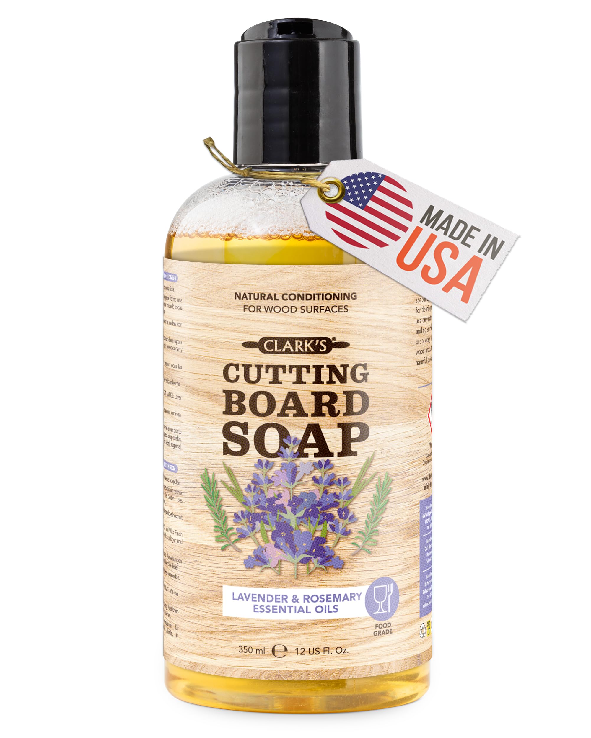 CLARK'S Cutting Board Organic Soap - Enriched with Lavender & Rosemary Oils - Cleaner for Butcher Block, Countertop and Utensils - Cleans and Restores Wood - Use Before Food Grade Mineral Oil