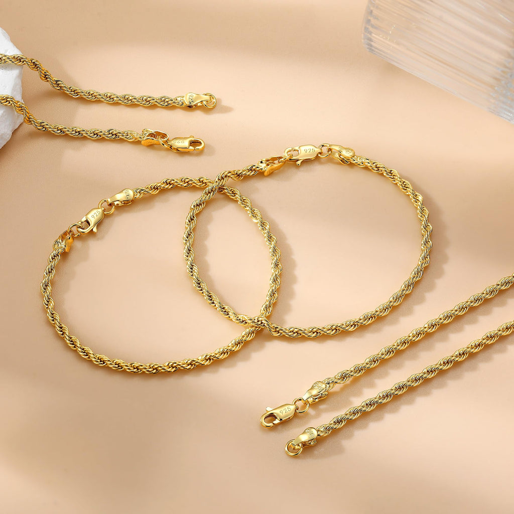 Goldegg Gold Bracelets for Women, 925 Sterling Silver 3MM Rope Bracelets