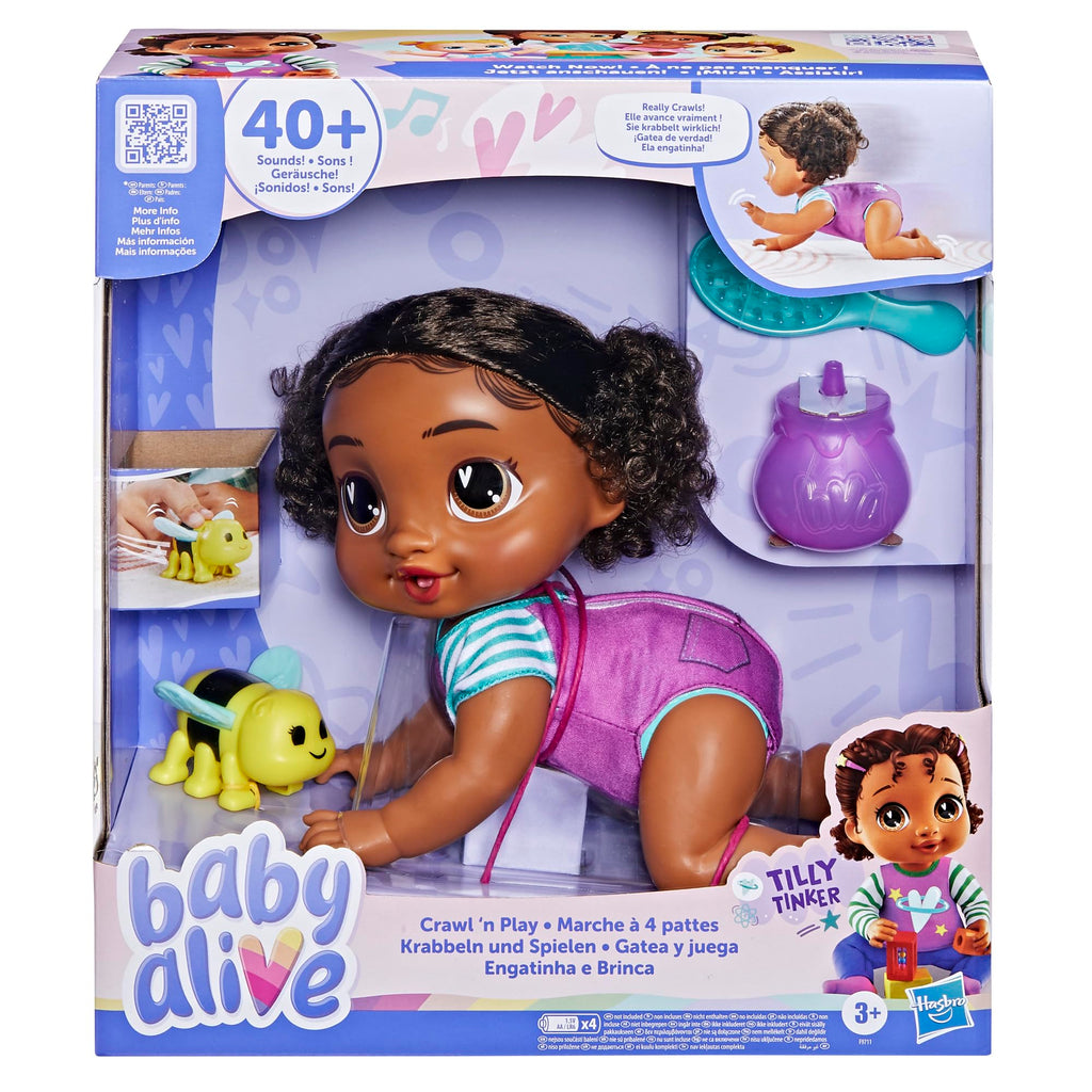 Baby Alive Crawl 'n Play Tilly Tinker Electronic Crawling Baby Doll Set, Black Hair, Kids Toys for Girls & Boys 3 Years & Up, 10.75 Inches