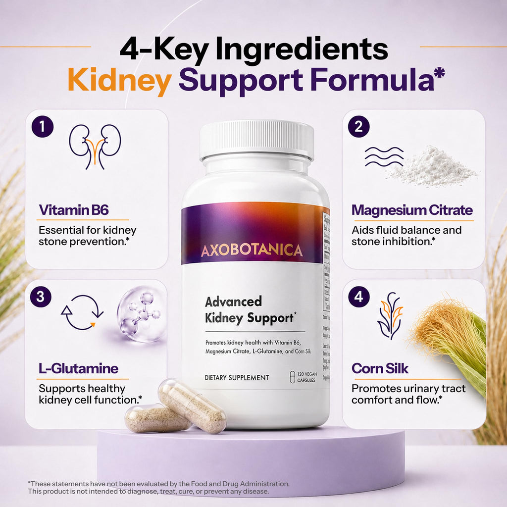 Axobotanica Kidney Cleanse Detox & Repair - Vitamin B6, Magnesium, L-Glutamine & Cornsilk - Kidney Support Supplement, Urinary Flow & Bladder Comfort - 120 Capsules (1 Bottle, 60 Servings)