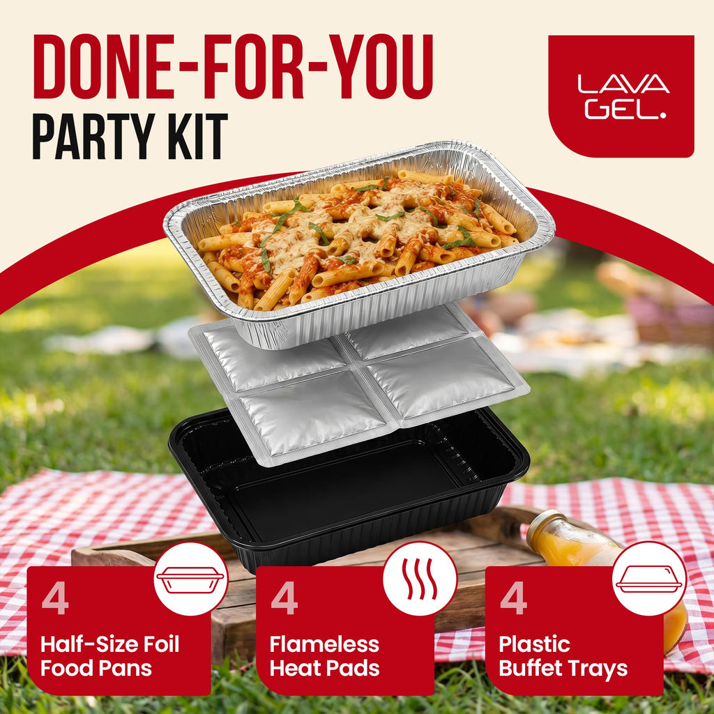 Lava Gel Self-Heating Buffet Kit – Flameless Food Warmer Set for Parties – Includes 4 Trays, 4 Half-Size Heat Pads & Foil Pans – Keeps Hot Food Hot for up to 3 Hours – Gel Fuel Can Alternative