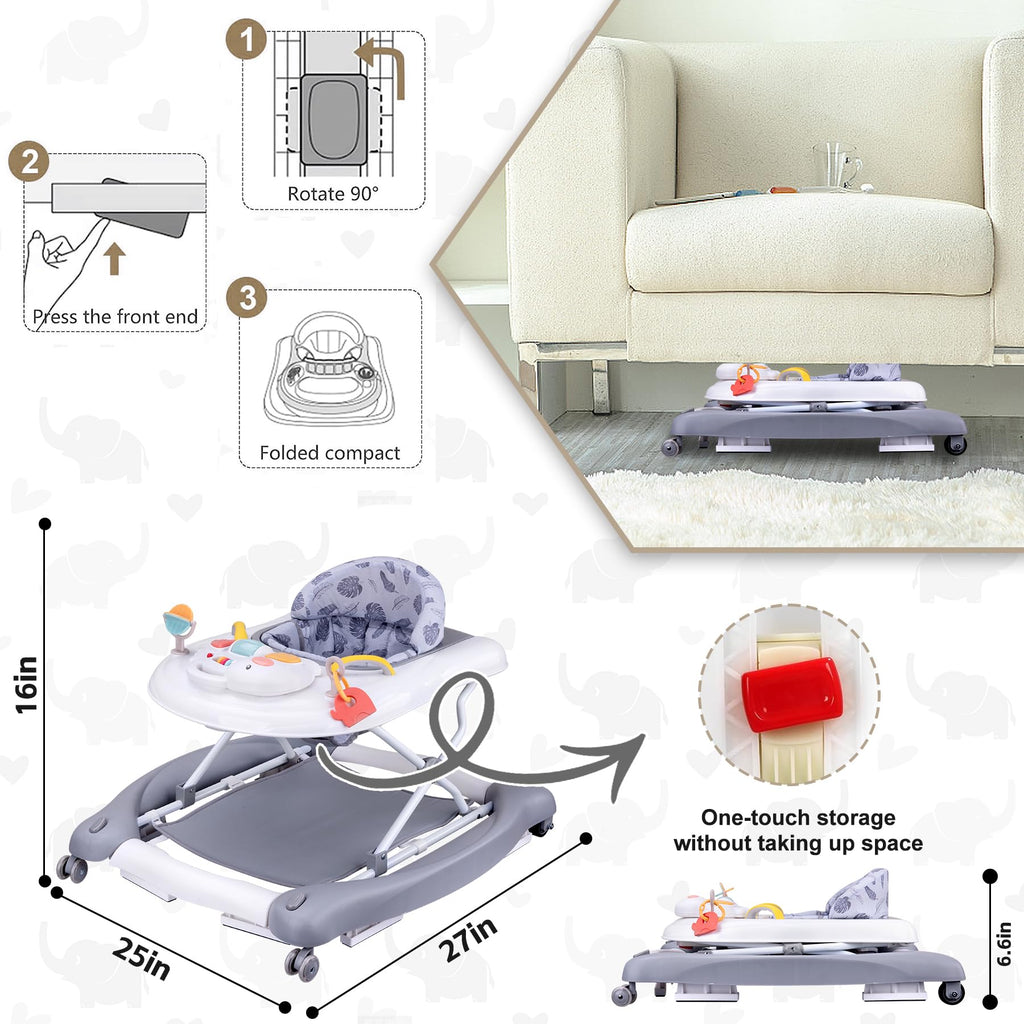 Foldable Baby 5-in-1 Activity Walker - Rocker, Activity Center, Bouncer, Seat, Push Walker - Adjustable Speed Rear Wheels and Height Toys Ages 6-18 Months (Grey)