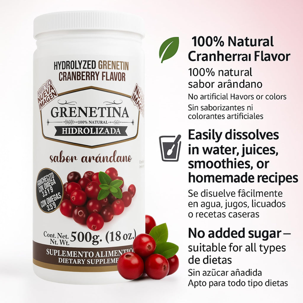 Pretty Bee Hydrolyzed Collagen Powder, Grenetina En Polvo Cranberry Flavor, Grenetina Organica, Collagen Supplement, Grenetina Hidrolizada En Polvo, 100% Natural, 18 oz