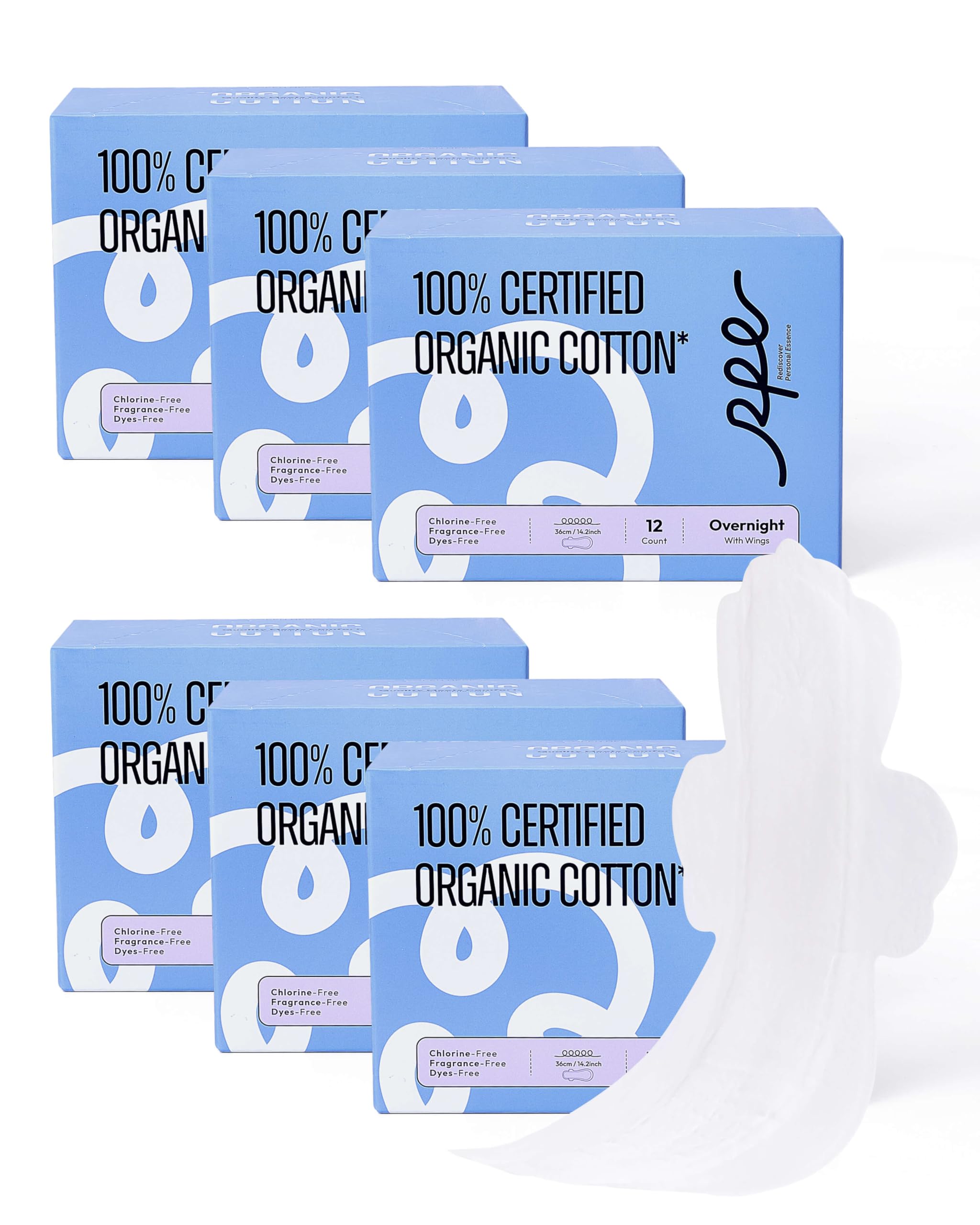 RPE Life 100% GOTS Organic Cotton Overnight Pads, Size 5, 72 Count