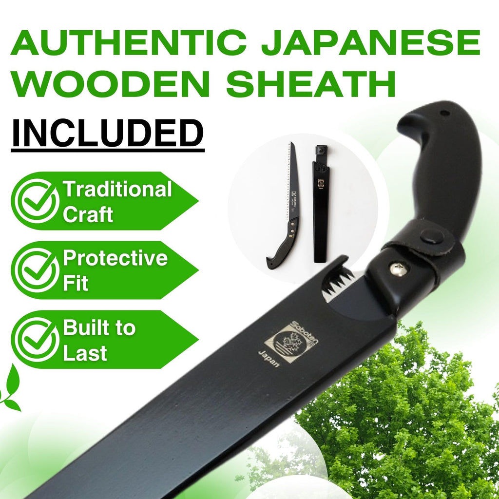 Saboten Japanese Pruning Saw 9.4 in (240mm) – Fluorine-Coated High-Carbon Steel Blade, 7.5mm Tooth Pitch, Smooth Pull Cuts, Wooden Handle, Wood Sheath Included, Made in Japan