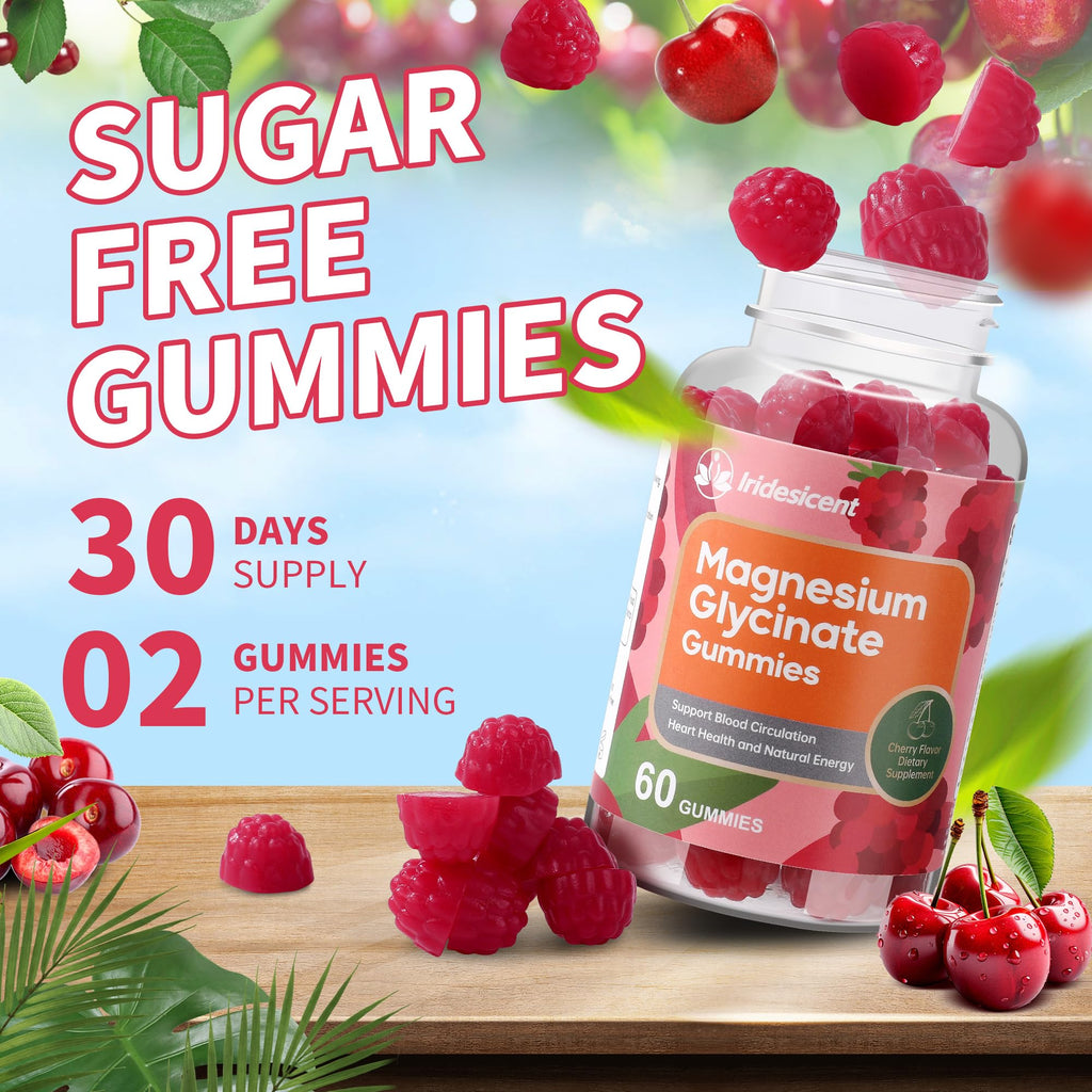 IRIDESICENT Magnesium Glycinate Gummies 400mg, Sugar Free Magnesium Supplement w/Ashwagandha, Zinc, Vegan Magnesium Glycinate Supplement for Adults - 120 Cherry Gummies