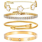 Lamdo 18K Gold Plated Stackable Floral Bracelet Set for Women, 4-Piece