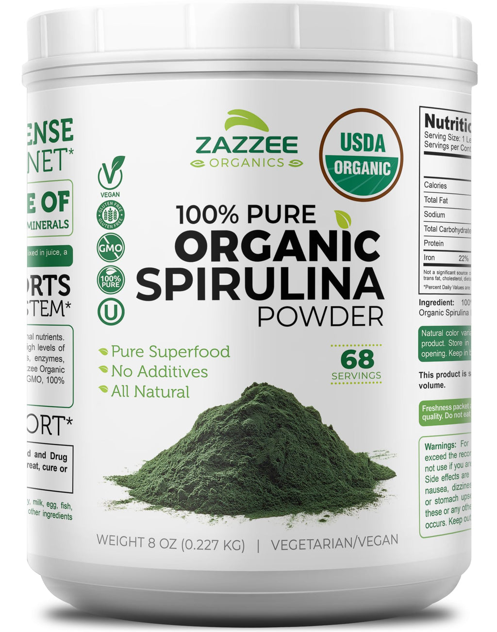 Zazzee USDA Organic Spirulina Powder, 8 Ounces, 68 Servings, Certified Kosher, 100% Pure, Non-Irradiated, Mess-Free Wide Mouth Container, Fresh Smell and Neutral Taste, Non-GMO, Made in The USA