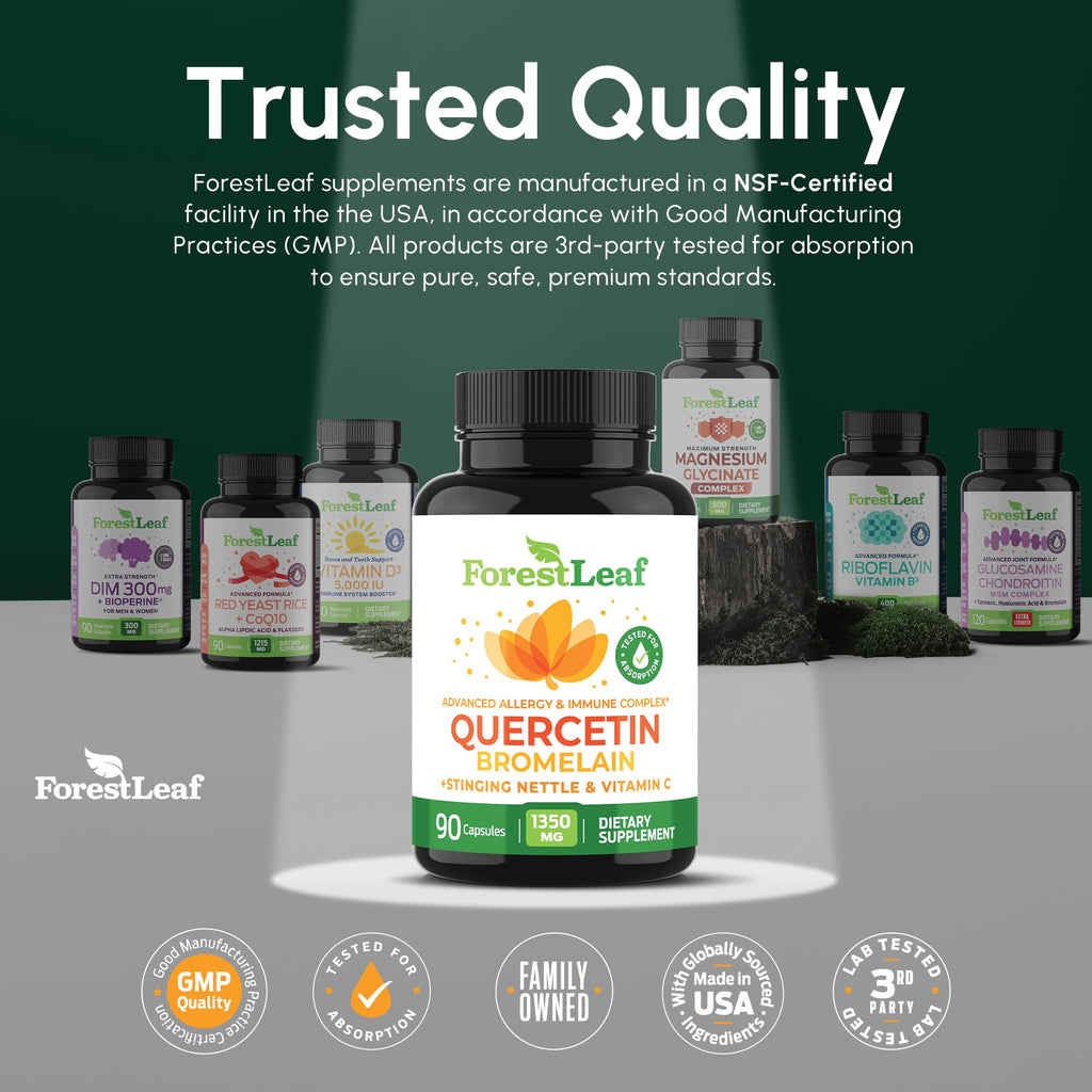 ForestLeaf Quercetin with Bromelain - 1350mg Blend with Vitamin C & Stinging Nettle, Advanced Quercetin 500mg Supplement, Non-GMO Gluten Free, Natural Immune & Respiratory Function 180 Veggie Capsules
