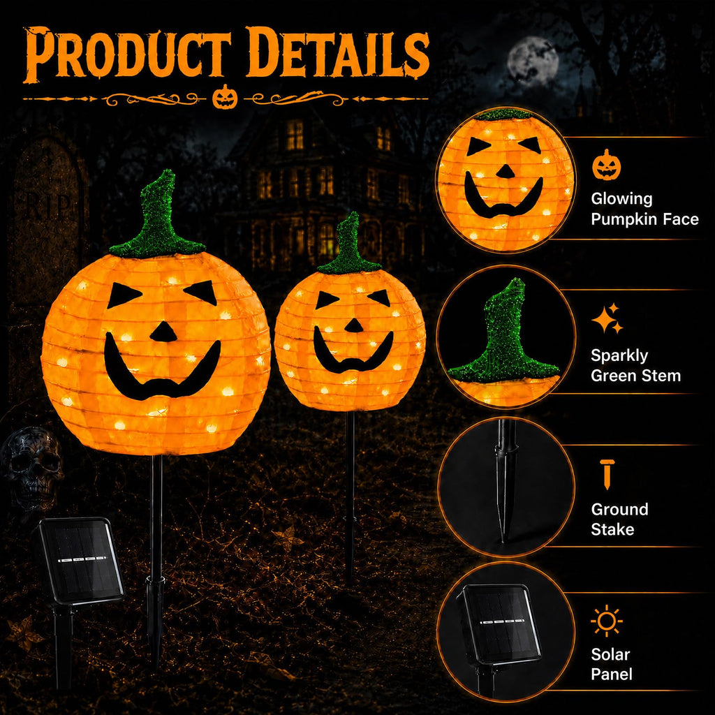 Solar Halloween Pumpkin Lights, 2 Pack Outdoor Pathway Stake Lights