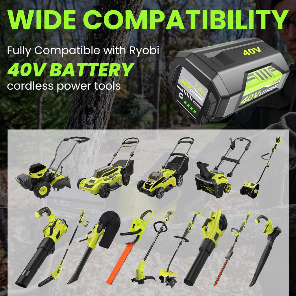 2Pack High Capacity 7500mAh Replacement for Ryobi 40V Battery and OP401 Charger Compatible with Ryobi 40 Volt Battery Lithium OP40261 OP4050 OP4040 OP40401 OP40201 OP40601 Cordless Power Tools(3Pack)