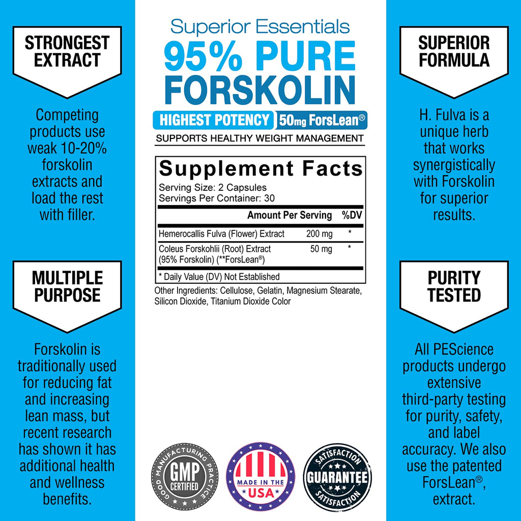 PEScience Forskolin-95+ Capsules, 95% Pure Forskolin from Coleus Forskohlii Extract with Hemerocallis Fulva Extract, Patented ForsLean, 50mg, 60 Count