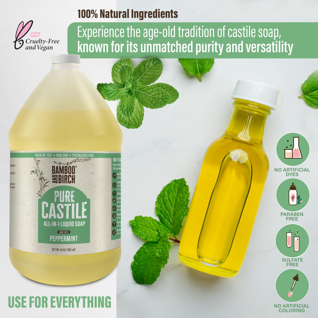 BAMBOO AND BIRCH Pure Castile Soap Liquid, Certified Palm Oil Free Natural Soap, Peppermint, 64 oz