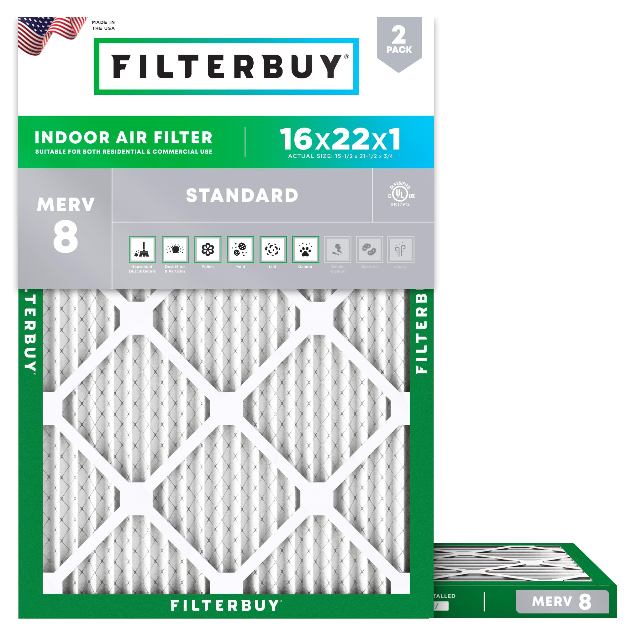 Filterbuy 16x22x1 Air Filter MERV 8 Essential Dust & Allergy Defense (2-Pack), Electrostatic Pleated HVAC AC Furnace Filters Replacement, Made in USA (Actual Size: 15.50 x 21.50 x 0.75)