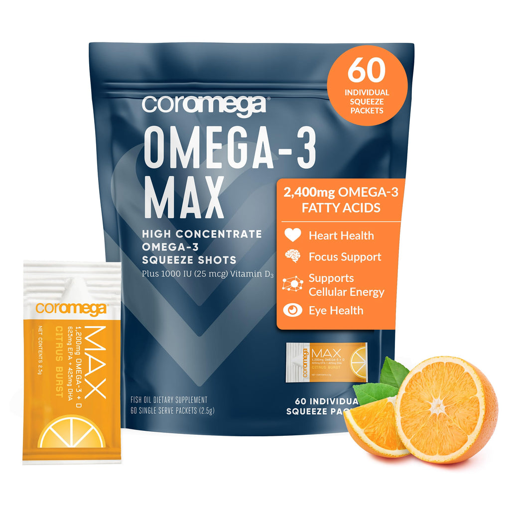 Coromega MAX 2400mg Omega-3 Fish Oil + Vitamin D Squeeze Packets, Wild-Caught, No Fishy Taste - 3X Better Absorption Than Softgels, Supports Brain & Heart Health (60 Servings, Citrus Burst)