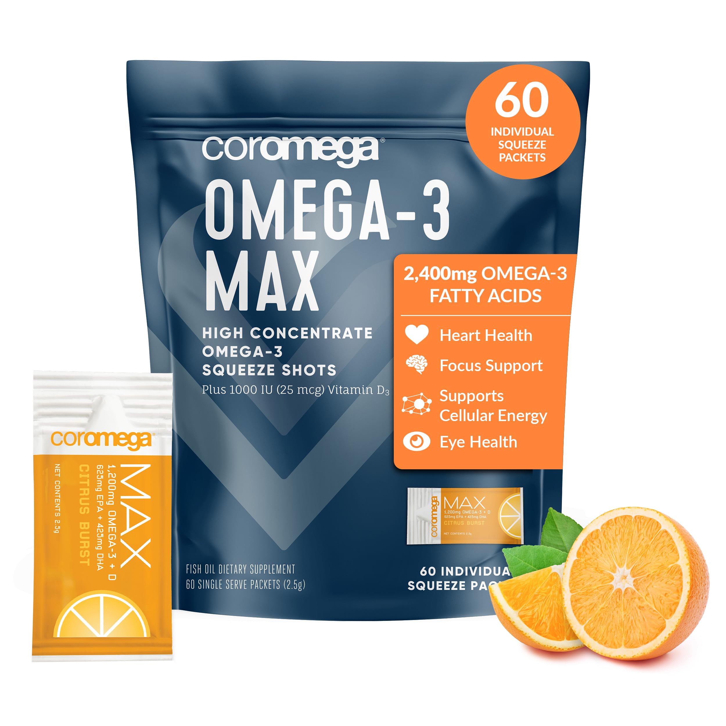 Coromega MAX 2400mg Omega-3 Fish Oil + Vitamin D Squeeze Packets, Wild-Caught, No Fishy Taste - 3X Better Absorption Than Softgels, Supports Brain & Heart Health (60 Servings, Citrus Burst)