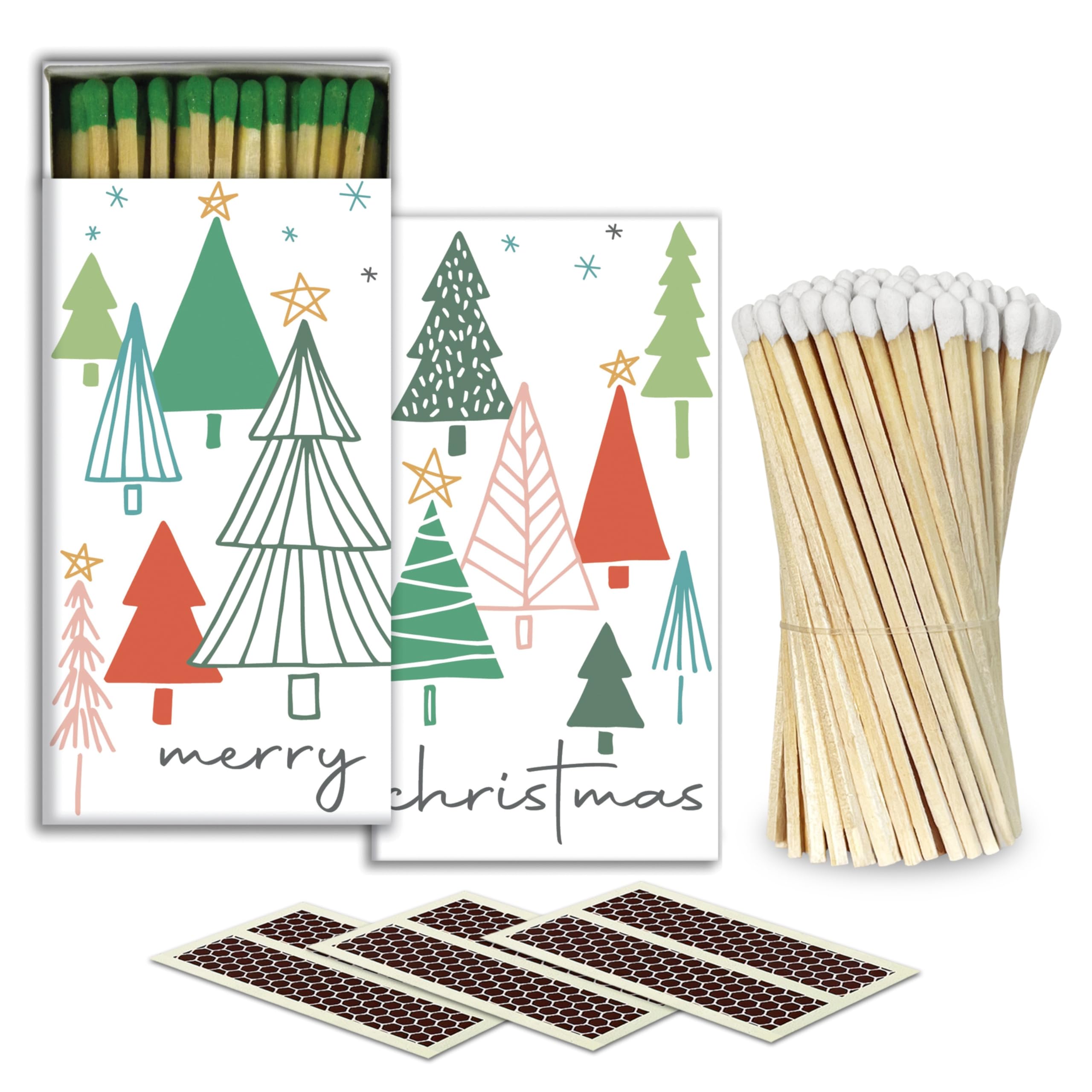 4" White Matches + 2 Boxes of HomArt Drawn Trees Designer Matchboxes + Extra Striker Stickers Included | 100 Classic White Tip Safety Matches with Decorative Matchboxes | Gifts by Thankful Greetings