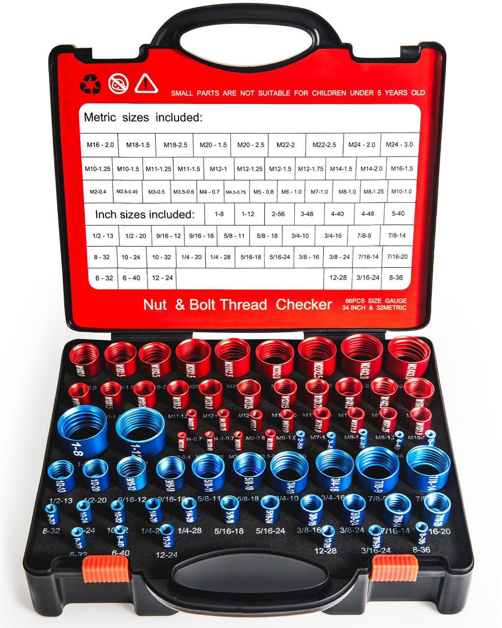 66-Piece Nut and Bolt Thread Checker Kit | 34 SAE (Blue) + 32 Metric (Red) Thread Gauges - Precision Bolt Size Finder for Tight Spaces, DIY & Professional Repairs