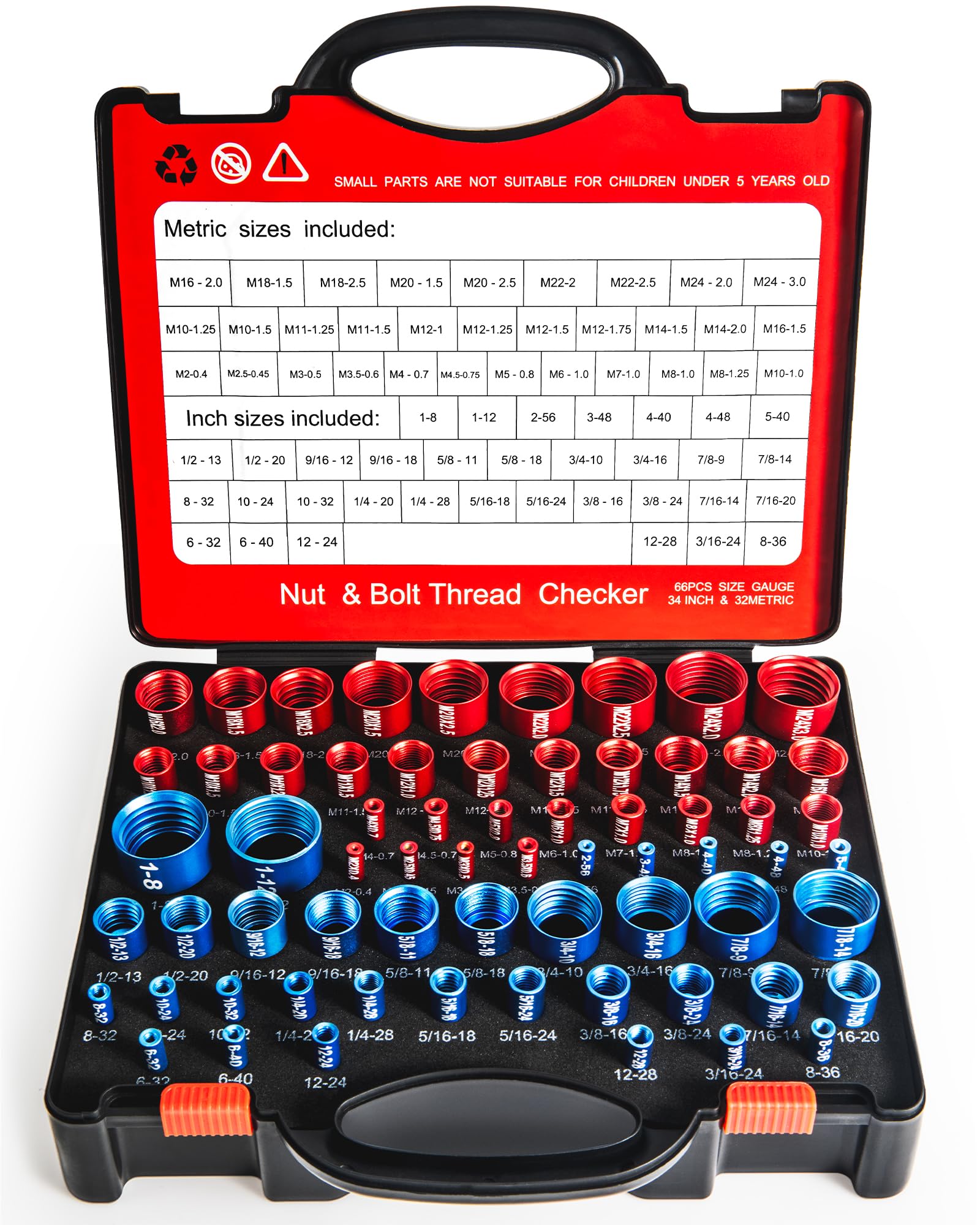 66-Piece Nut and Bolt Thread Checker Kit | 34 SAE (Blue) + 32 Metric (Red) Thread Gauges - Precision Bolt Size Finder for Tight Spaces, DIY & Professional Repairs