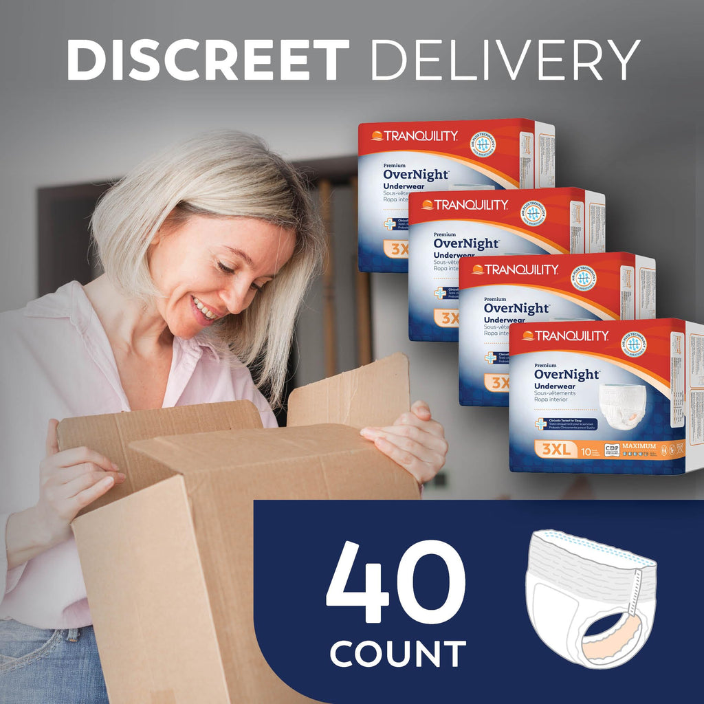Tranquility Premium Overnight Disposable Absorbent Underwear (40 Count) - XXXL, 75-95 in. Waist - Maximum Absorbency, All-Night Sleep, Breathable Comfort, Adult Diapers
