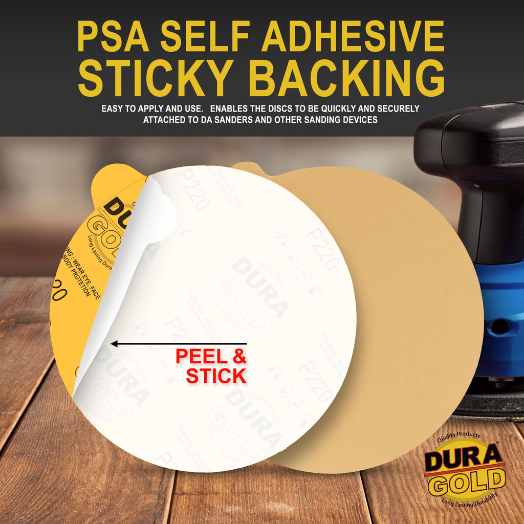 Dura-Gold Premium 6" Gold PSA Sanding Discs - 220 Grit, Box of 50 - Self Adhesive Stickyback Sandpaper for DA Sander, Finishing Coarse-Cut Abrasive - Sand Automotive Car Paint, Woodworking Wood, Metal