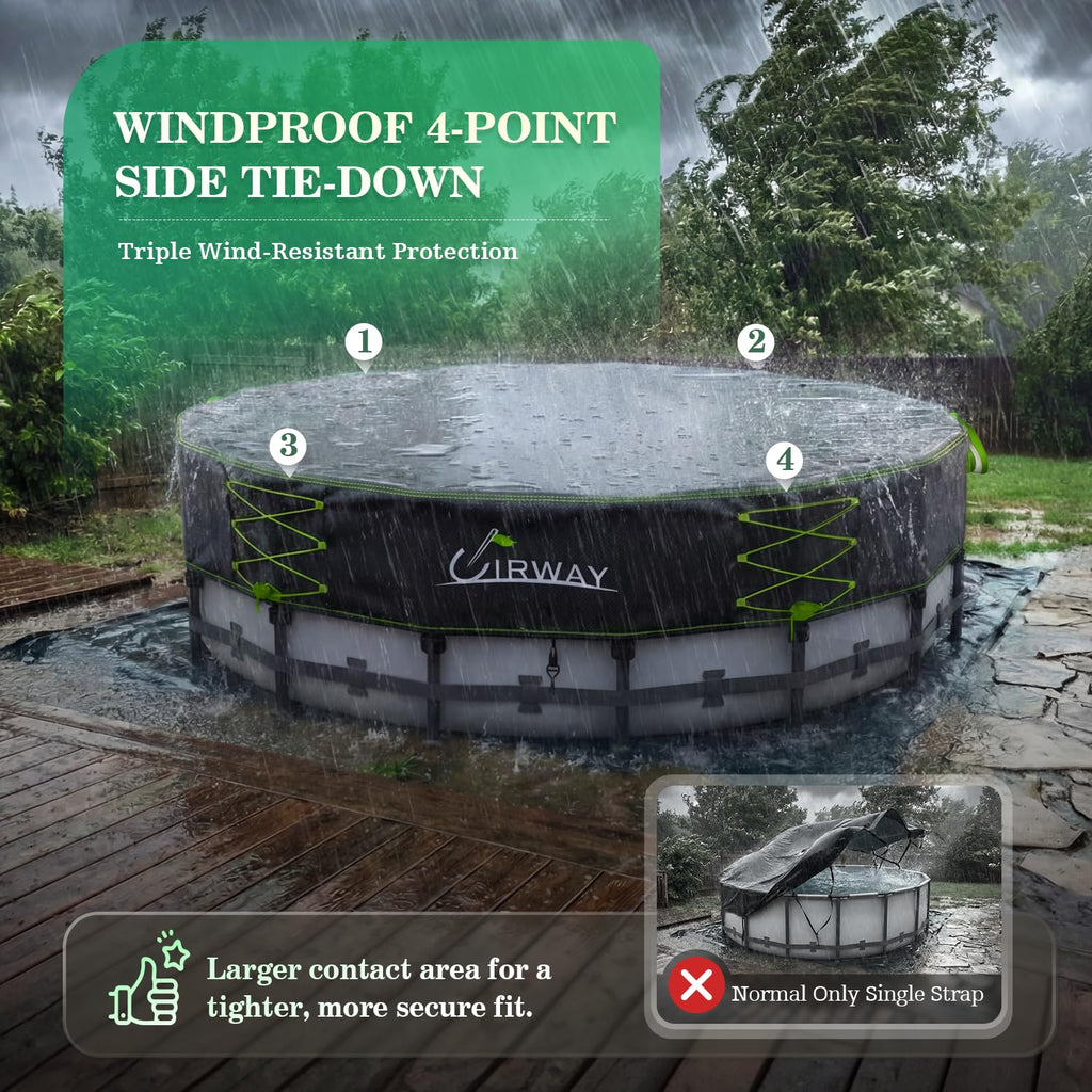 Uirway 600D Heavy duty 15ft Round Pool Covers For Above Ground Pools, Solar Pool Cover Windproof Ratchet Locking System & Reflective Drawstring, Weatherproof Hard Pool Covers UV Protection with Straps